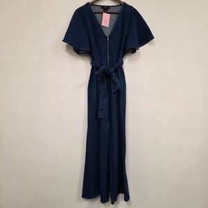 Denim By Jealous Tomato Womens Just One Look Denim Jumpsuit Size L Blue V Neck